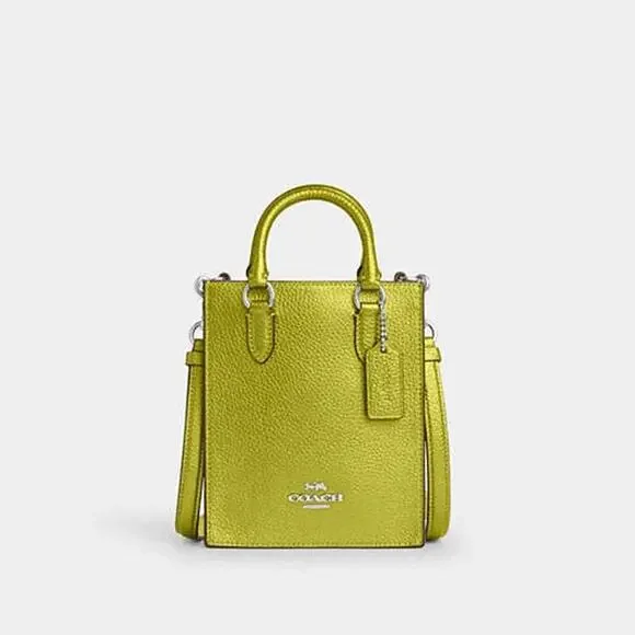 Coach North South Mini Tote Bag in a metallic neon green pebbled leather NWOT - Picture 1 of 8